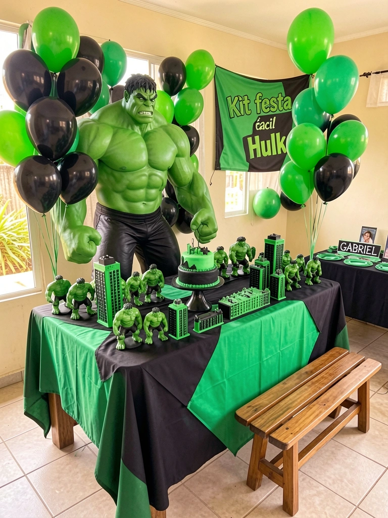 Mesa com toalha preta e verde, bolo temático do Hulk, balões verdes e pretos e miniaturas de prédios, luz natural do dia.