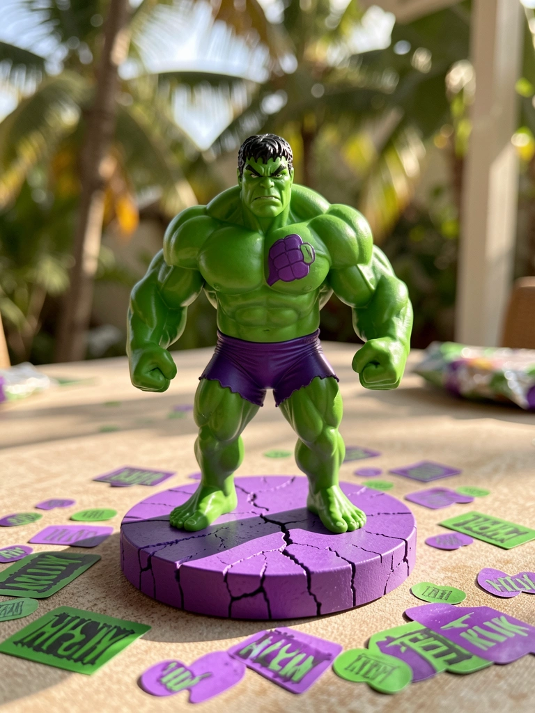 Figura do Hulk verde musculoso com punho roxo sobre base circular texturizada, confetes verdes e roxos espalhados, luz natural filtrada.