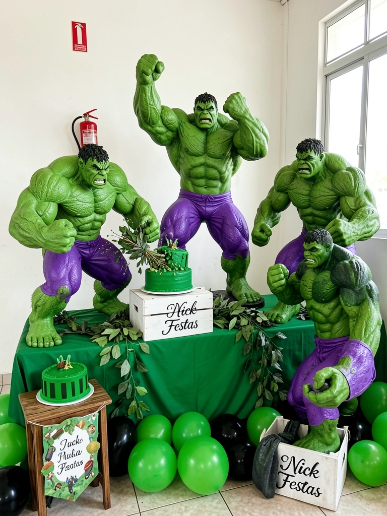Estátua do Hulk esmagando um bolo verde, balões verdes e pretos espalhados, luz natural e banner personalizado ao fundo.