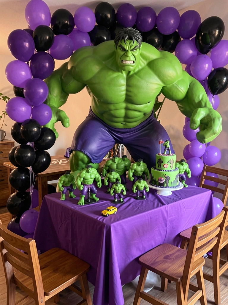 Estátua grande do Hulk em festa temática, com balões roxos e pretos, mesa com toalha roxa e bolo decorado, luz natural.