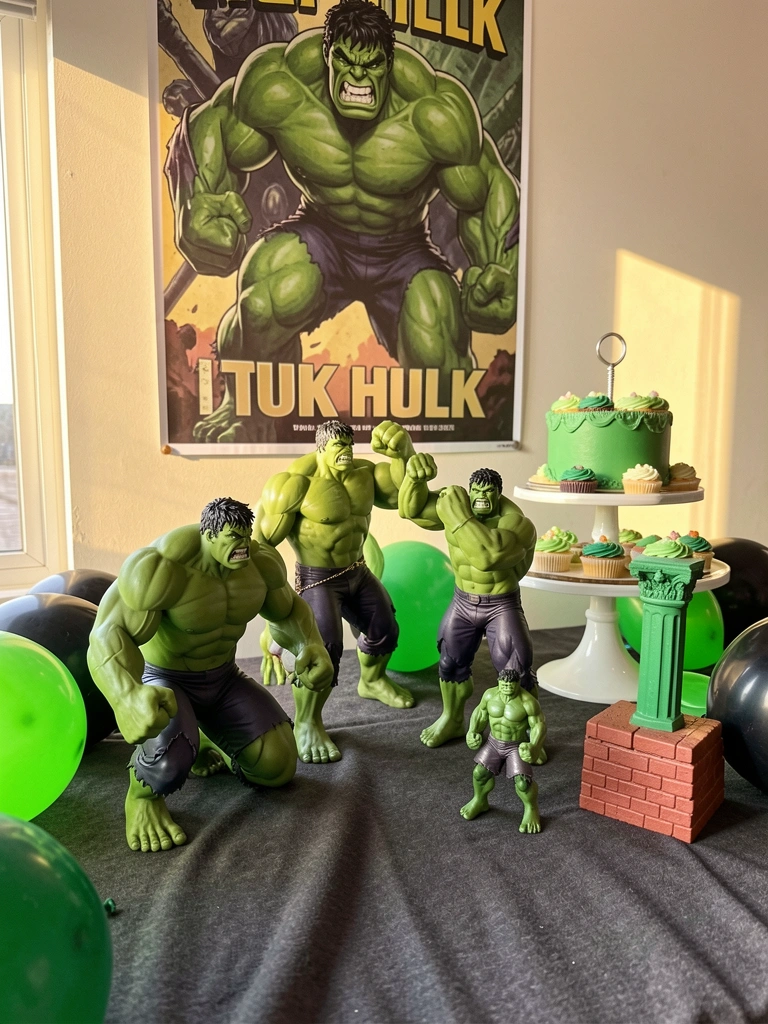 Mesa com toalha cinza escura e bolo verde em suporte de andares, cercada por balões verdes e pretos e vários bonecos do Hulk em poses diferentes, com pôster do Hulk na parede ao fundo.