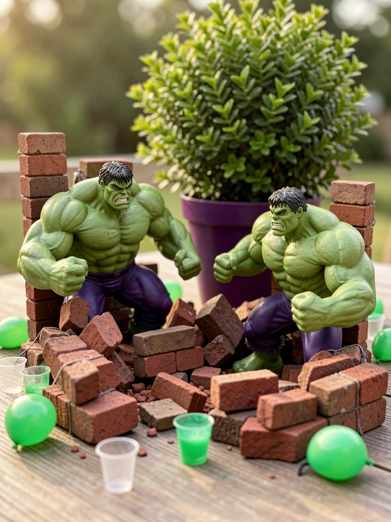Tijolos falsos em tons de vermelho e marrom com figuras do Hulk e balões verdes, luz natural e arbusto em vaso roxo ao fundo.