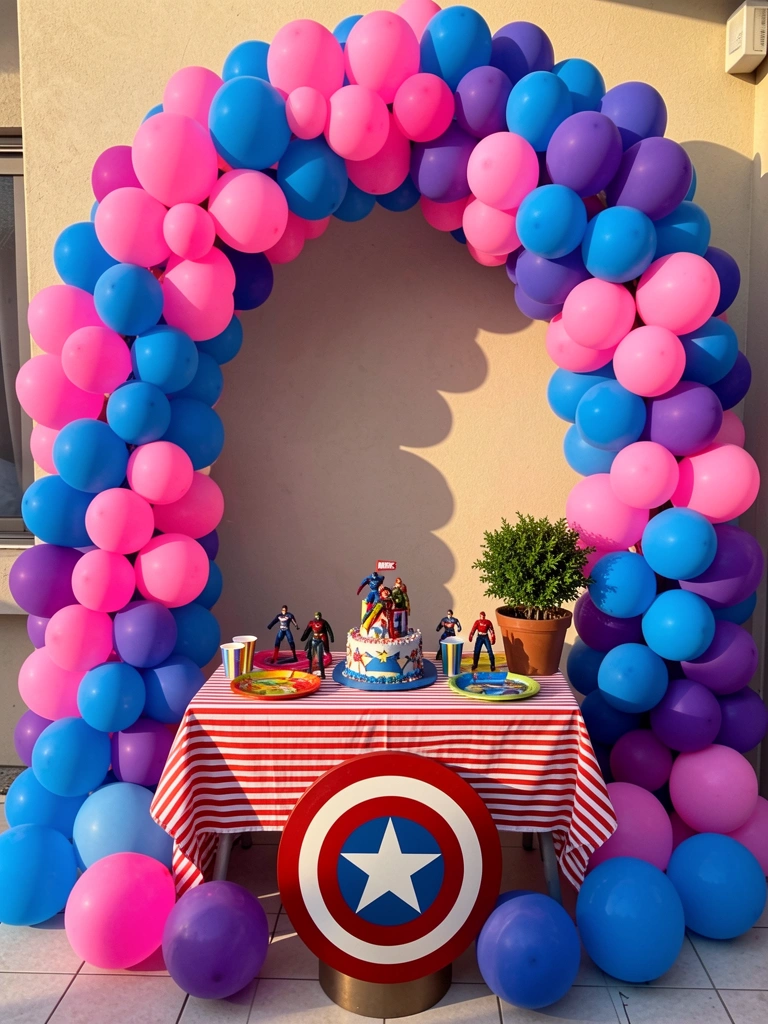 Arco vibrante de balões multicoloridos em camadas, mesa com bolo temático de super-heróis e escudo do Capitão América no primeiro plano, luz natural.