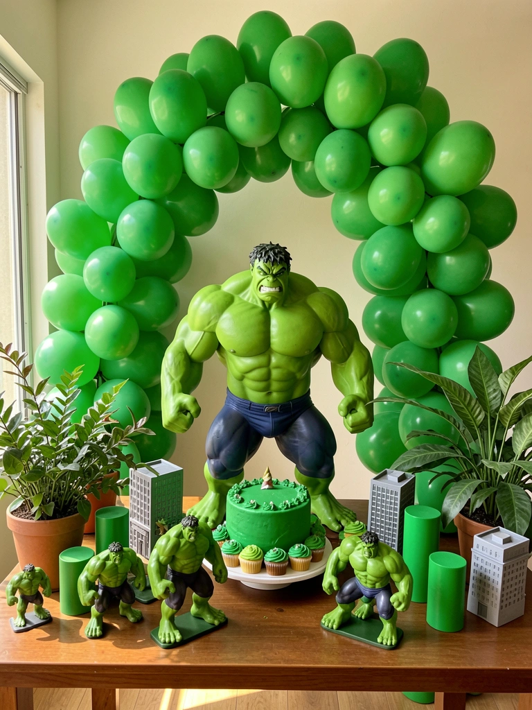 Mesa com bolo e cupcakes verdes, Hulk gigante no centro, arco de balões verdes ao fundo e luz natural.