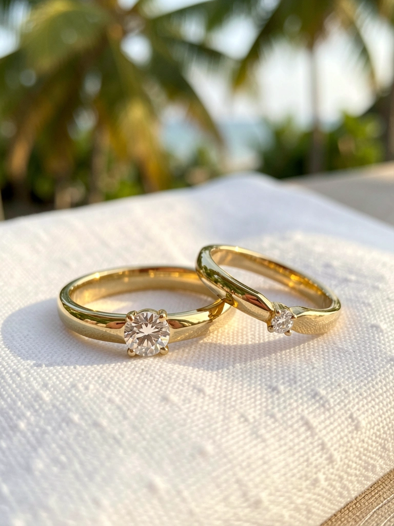 Duas alianças de ouro com diamantes sobre linho branco, uma com pedra central maior, luz solar suave e fundo tropical desfocado.