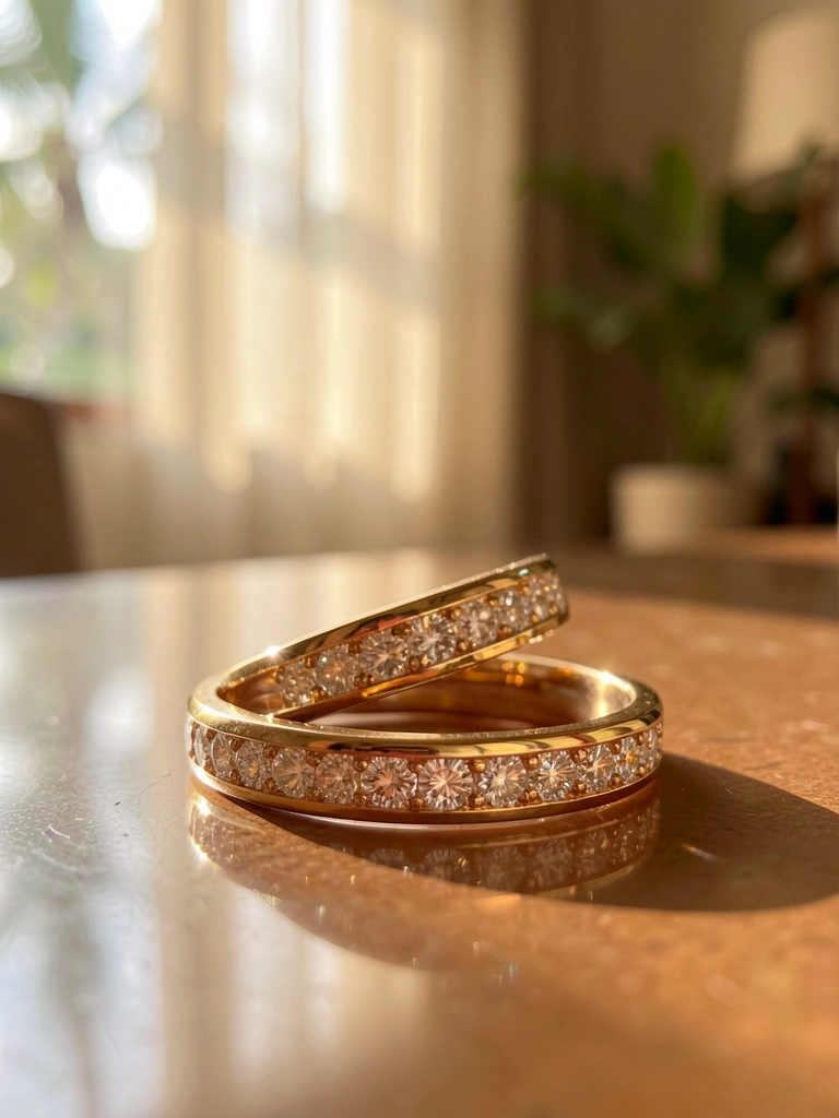 Anéis de noivado rosé com diamantes sobre superfície polida, reflexos nítidos e luz difusa de cortinas ao fundo.