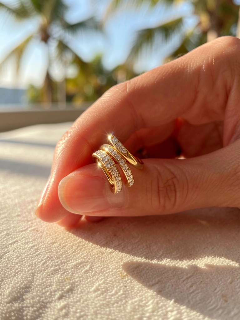 Mão feminina segurando três anéis de ouro com detalhes em diamante, luz natural suave e fundo desfocado.