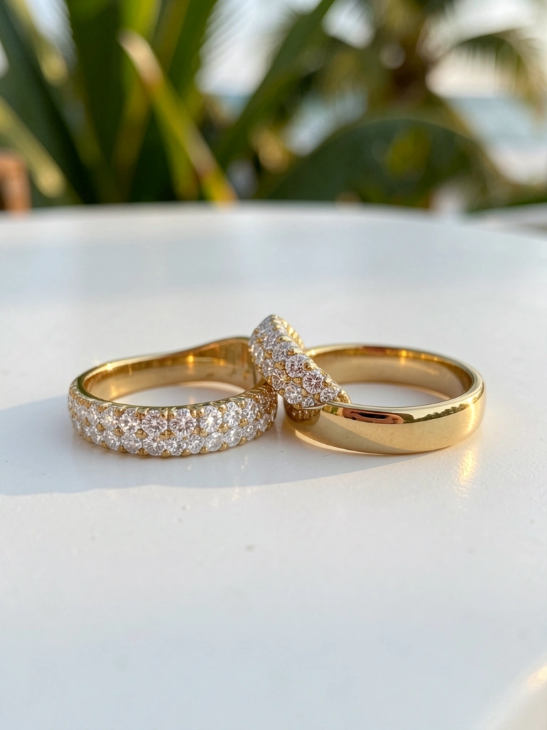 Dois anéis de ouro, um cravejado de diamantes e outro liso, lado a lado em superfície branca sob luz natural.