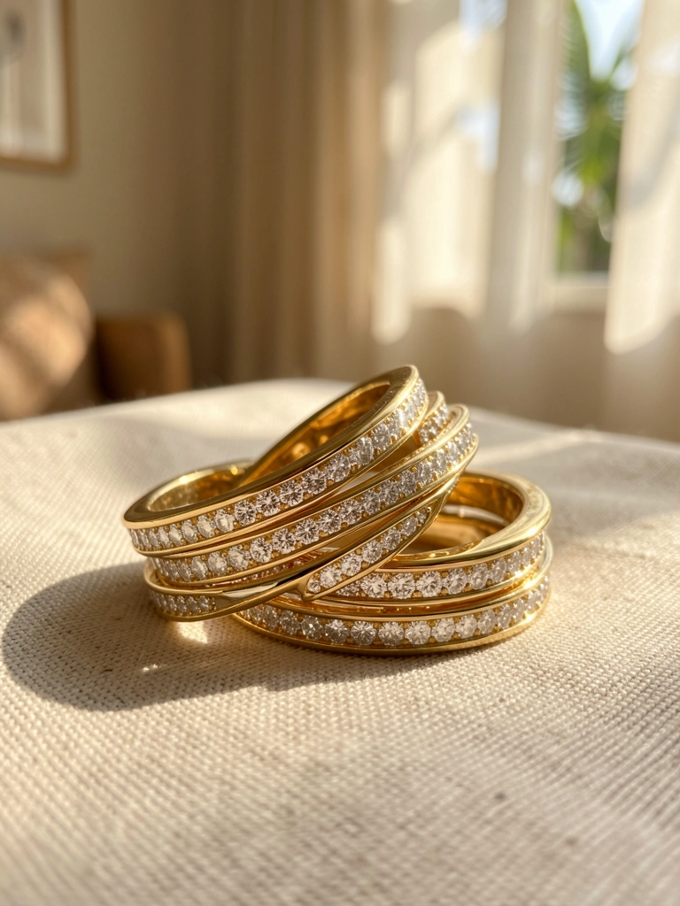 Alianças de ouro cravejadas de diamantes sobre linho claro, com luz solar filtrada por cortinas ao fundo.