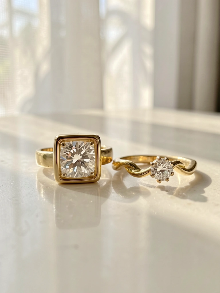 Dois anéis de ouro, um quadrado com diamante e outro torcido, sobre superfície reflexiva, luz natural filtrada por cortina.