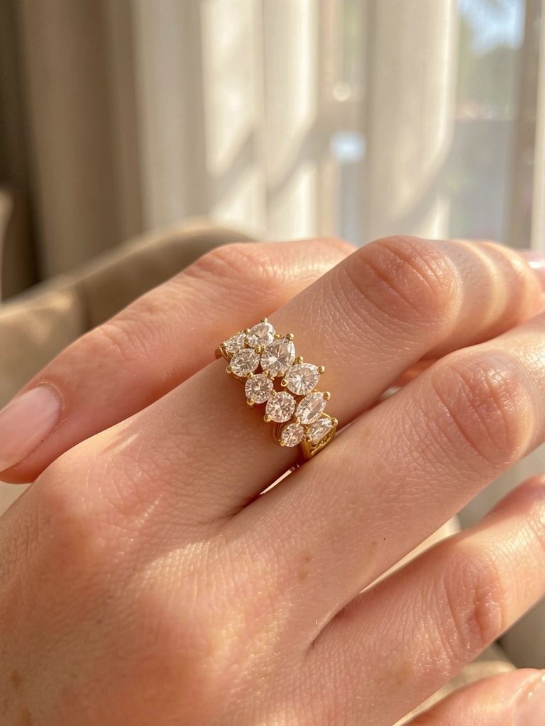 Anel de ouro com sete diamantes brilhantes sobre mão com unhas rosas, luz natural suave e fundo desfocado.