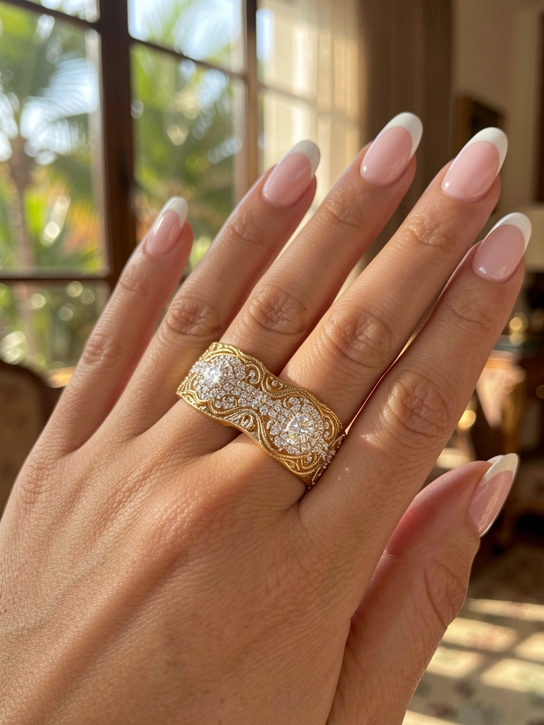 Mão feminina com unhas francesas exibindo aliança de ouro cravejada de diamantes, luz natural suave e fundo desfocado.