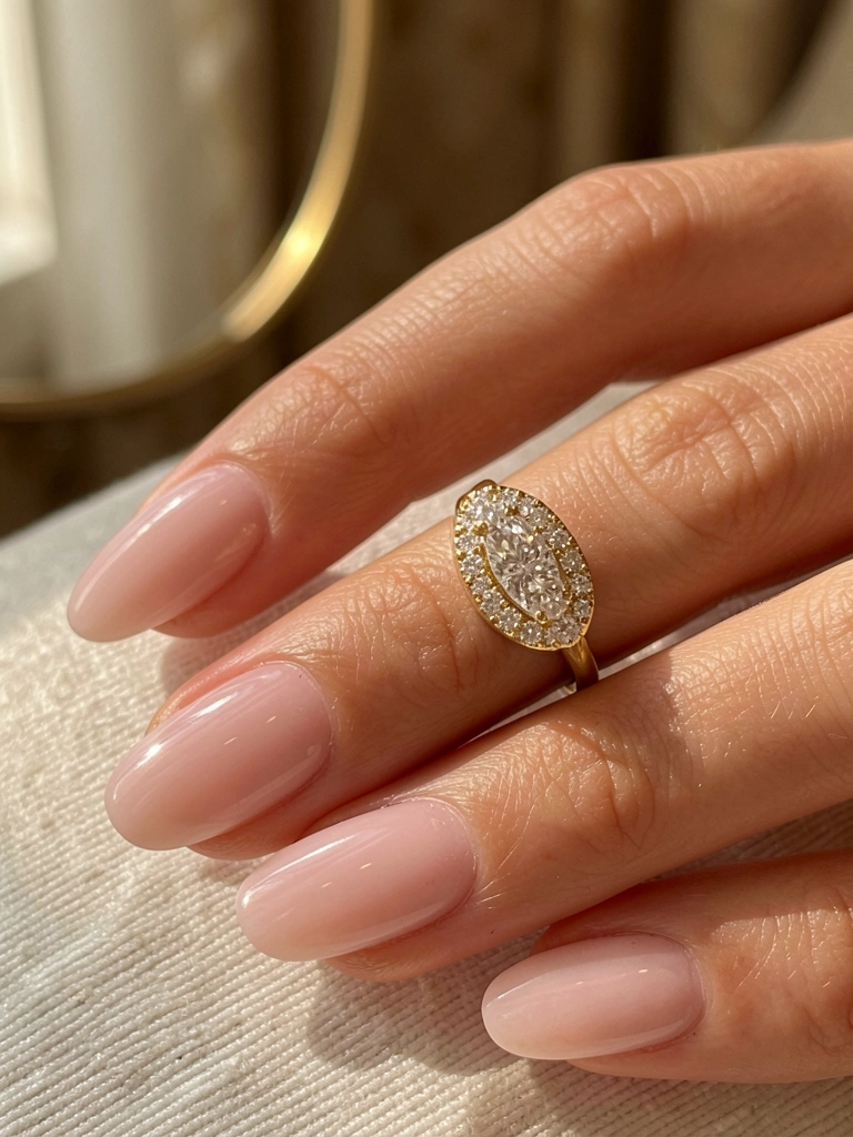 Mão feminina com unha rosa-claro exibindo anel de noivado oval em ouro amarelo com diamantes, luz natural suave e fundo texturizado.