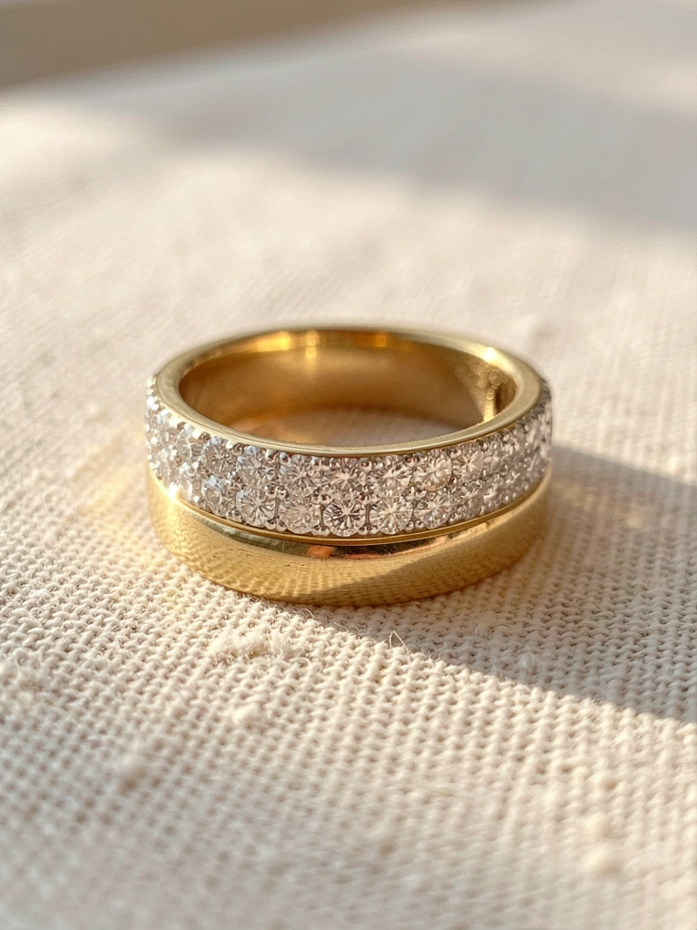 Anel de ouro com diamantes na metade superior, sobre tecido claro texturizado, iluminado por luz natural suave.