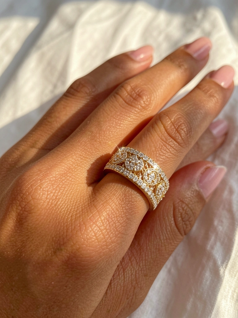 Mão feminina com unhas rosadas exibindo anel de ouro cravejado de diamantes, fundo de tecido branco amassado iluminado por luz natural.