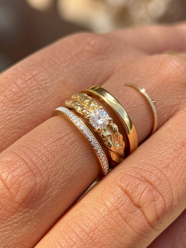 Luz natural destaca três anéis de ouro empilhados em mão feminina: um liso polido, um texturizado com diamante lapidação brilhante e um cravejado de pavê.