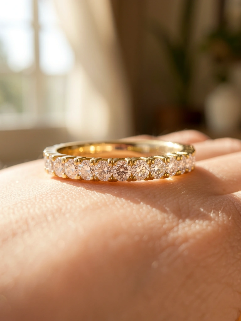Anel de noivado de ouro amarelo com diamantes brilhantes em close-up, luz natural suave e fundo desfocado.