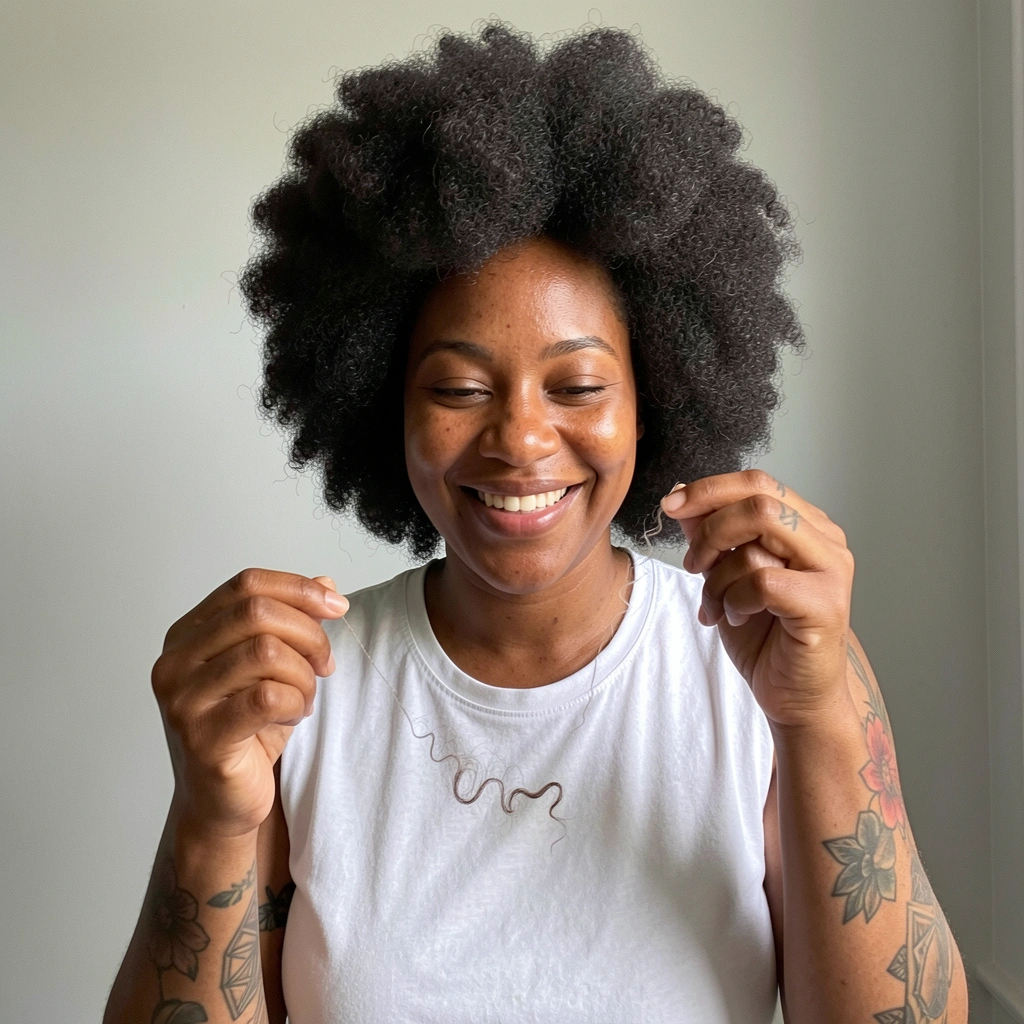 Mãos seguram um aplique de cabelo cacheado com fio invisível.
