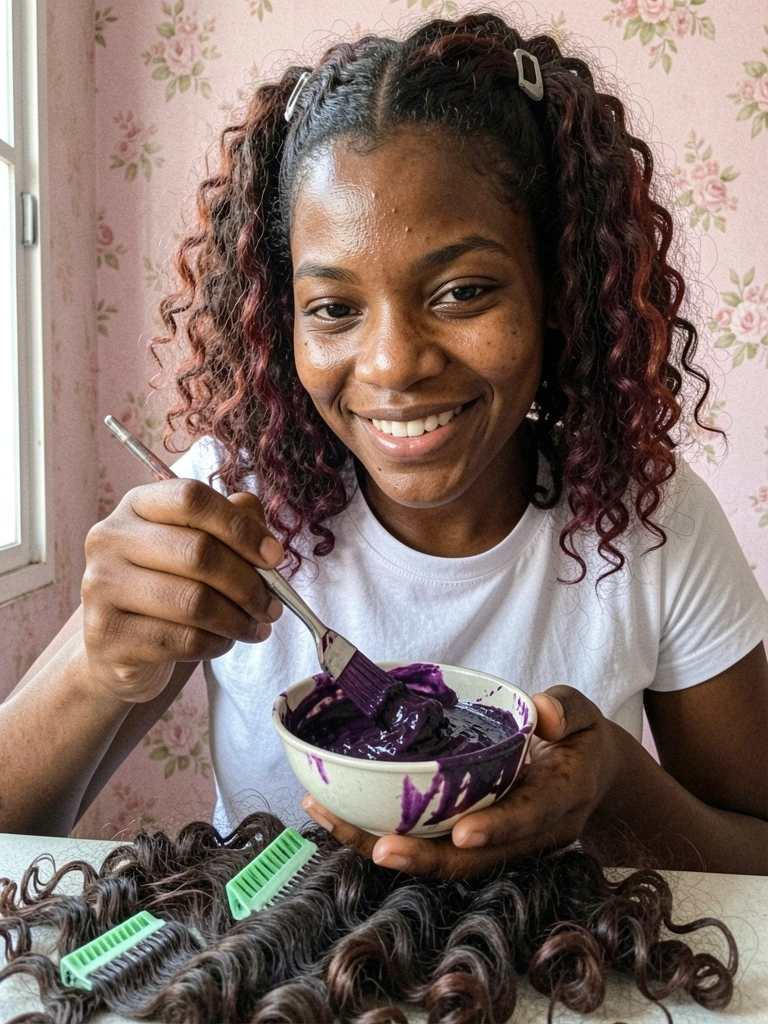 Mãos mergulhando mechas de cabelo cacheado em um recipiente com tinta rosa.
