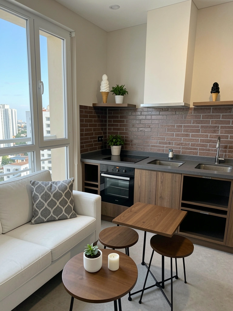 Varanda de apartamento com bancada de pedra, banquetas, plantas em vasos e janela de vidro ao fundo.