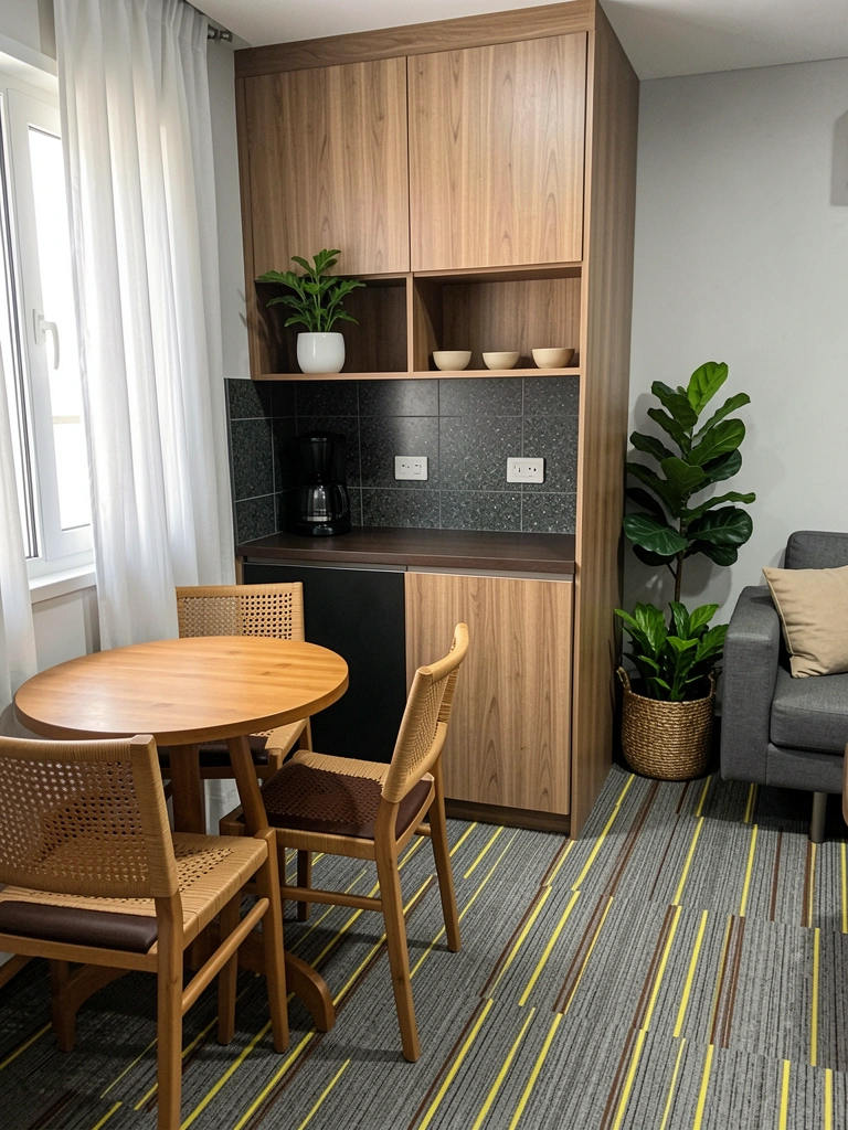 Planta baixa de área gourmet compacta com bancada, churrasqueira e fluxo de circulação entre ambientes
