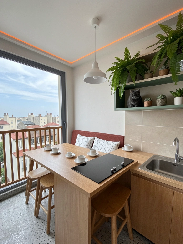 Bancada de 90 cm em pedra clara com cuba inox e cooktop embutido de quatro bocas.
