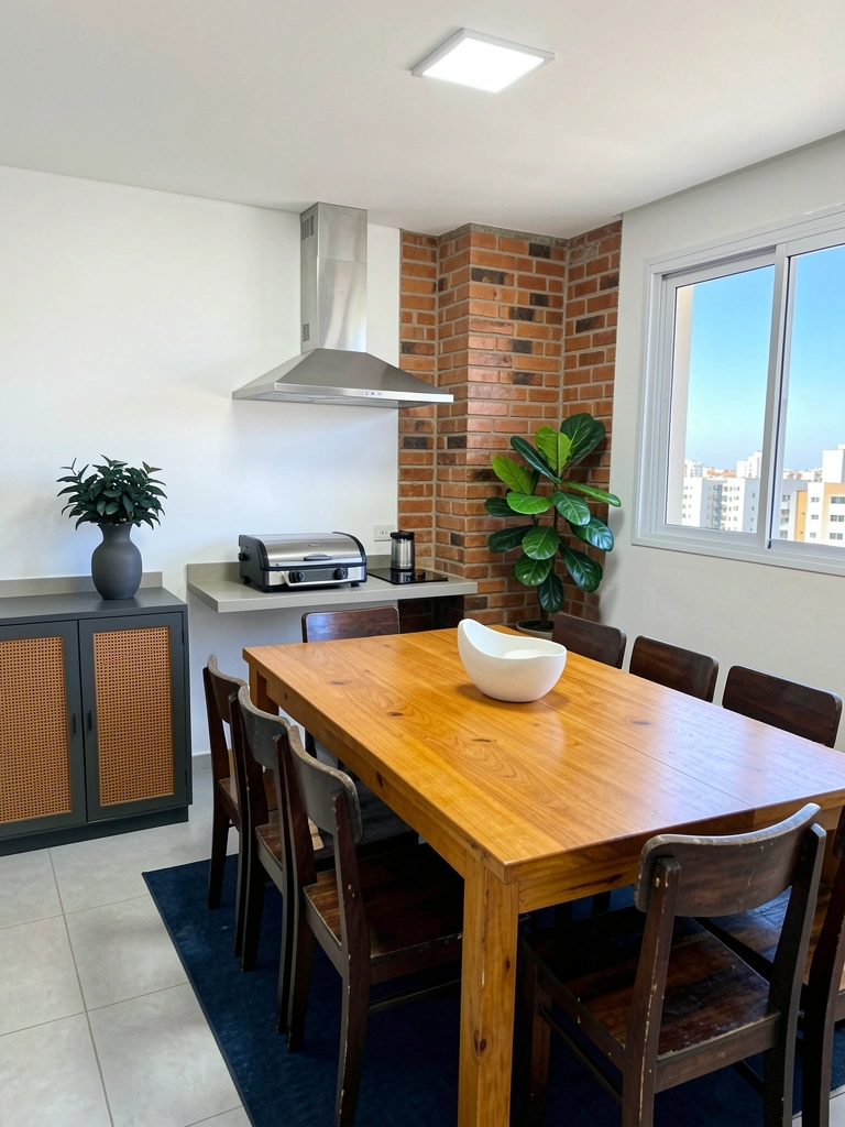 Bancada compacta com cooktop, coifa e churrasqueira elétrica embutida em armário de madeira