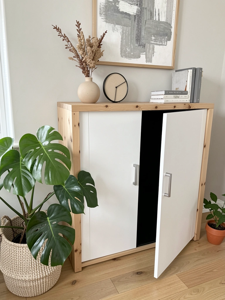 Quarto moderno com porta de armário em destaque, iluminação suave e cama arrumada