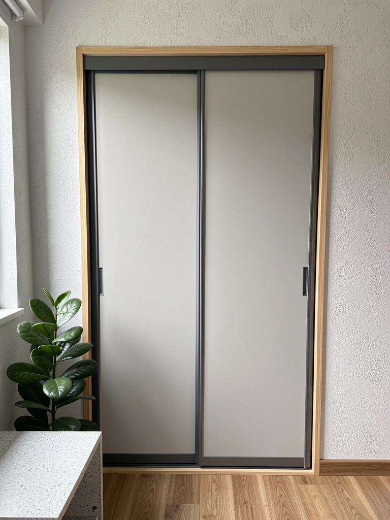 Porta de correr de madeira em quarto compacto, com cama e mesa lateral ao fundo