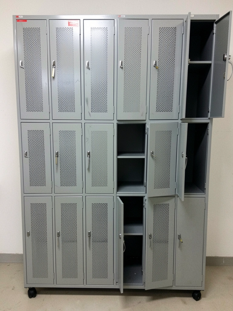 Amostras de materiais para portas de armário, incluindo madeira, laminado e vidro, dispostas sobre superfície clara.