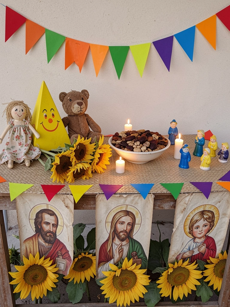 Paleta de cores com tecido xadrez e balões coloridos sobre superfície clara