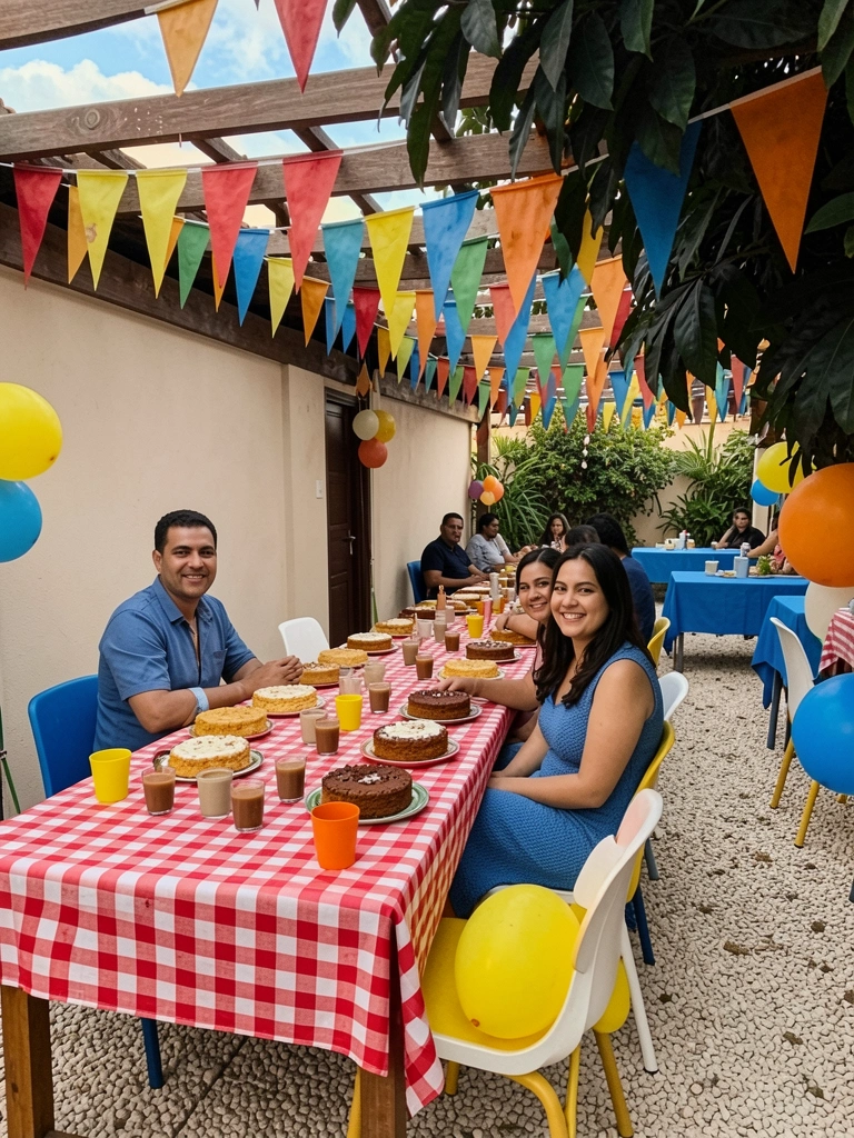 Mesa com toalha xadrez, bolos variados e copos de quentão em ambiente decorado para festa junina.
