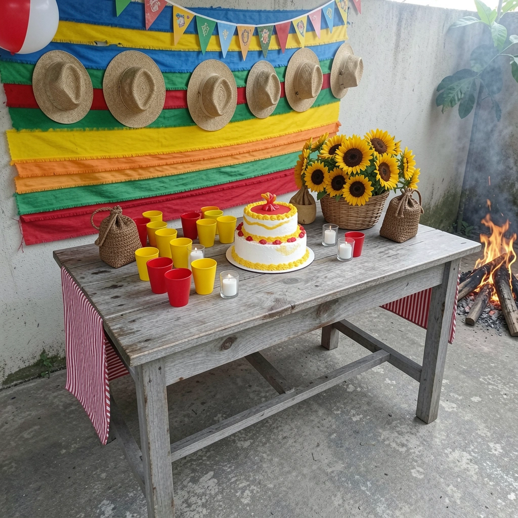 Quintal com bandeirinhas coloridas, fogueira acesa e mesas de madeira para festa junina