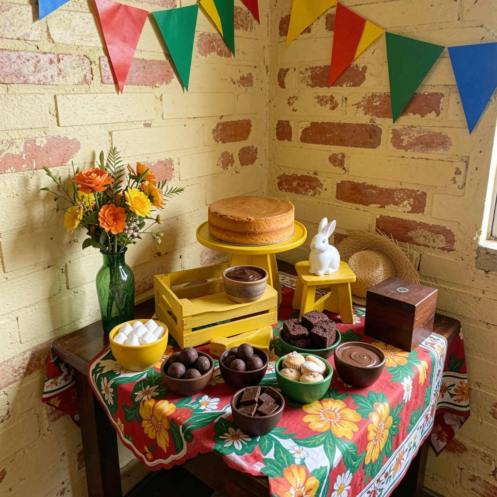 Canto de sala com mesa de madeira, bandeirinhas coloridas e arranjo de flores do campo
