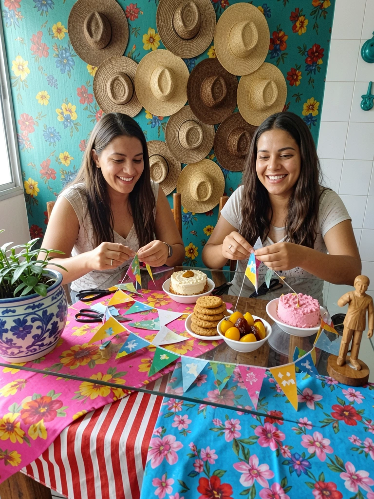 Mãos de pessoas recortando papel colorido em formato de bandeirinhas sobre uma mesa de madeira.