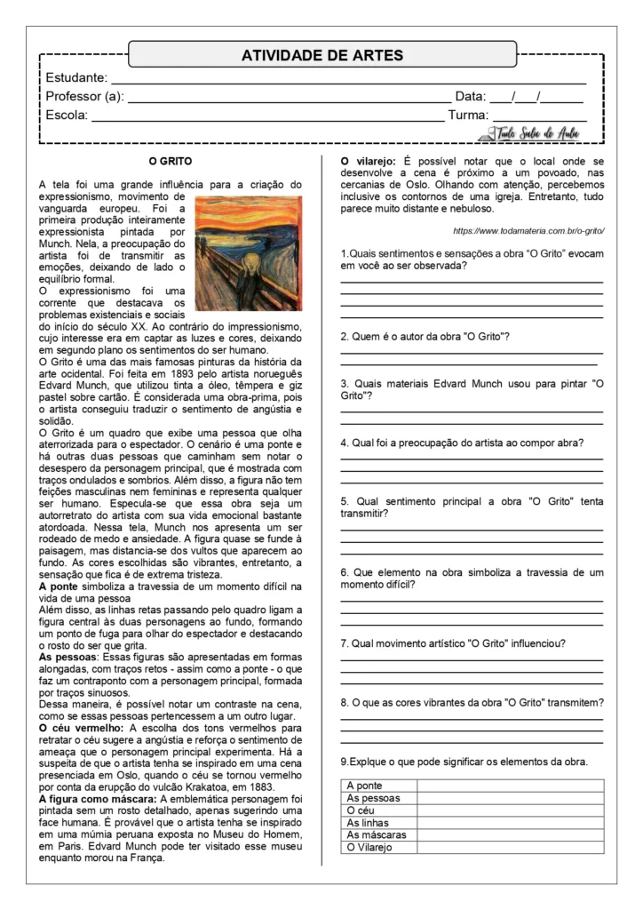 atividade artes 7 ano