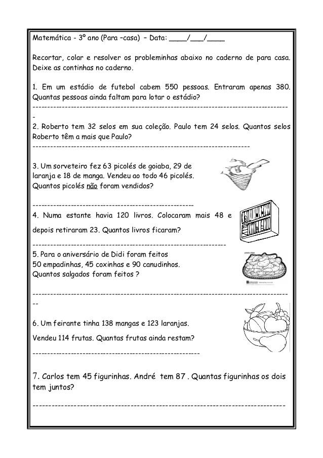 problemas matematicos 3 ano para imprimir