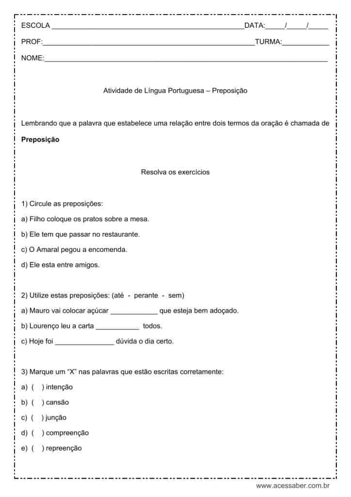 atividade preposição 5 ano