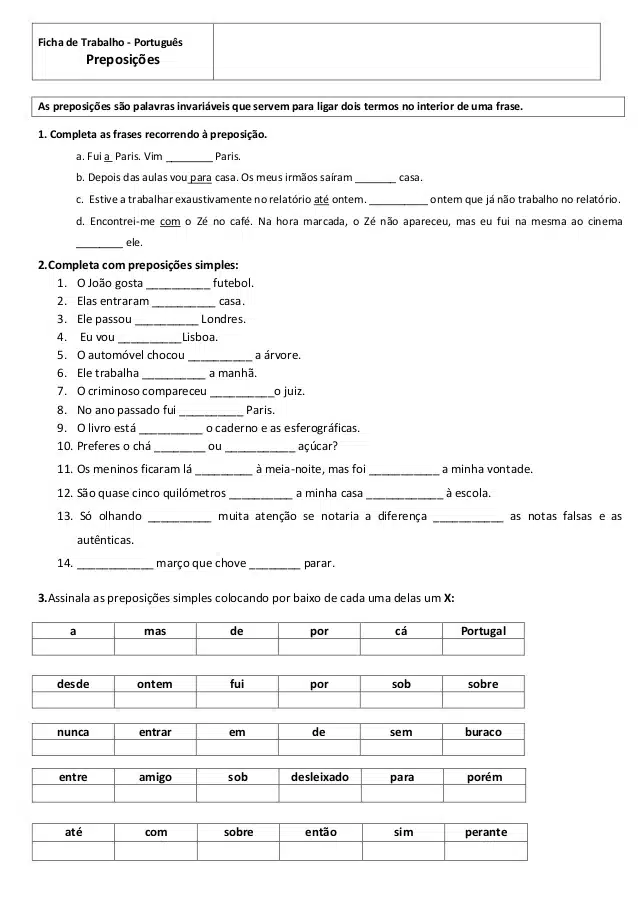 exercícios sobre preposições com gabarito