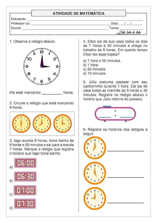 como ensinar horas para crianças de 7 anos