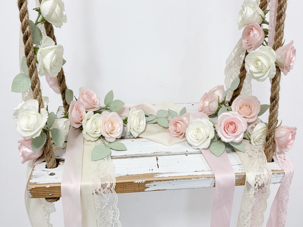 Balanço branco com almofadas e rosas pendurado em varanda