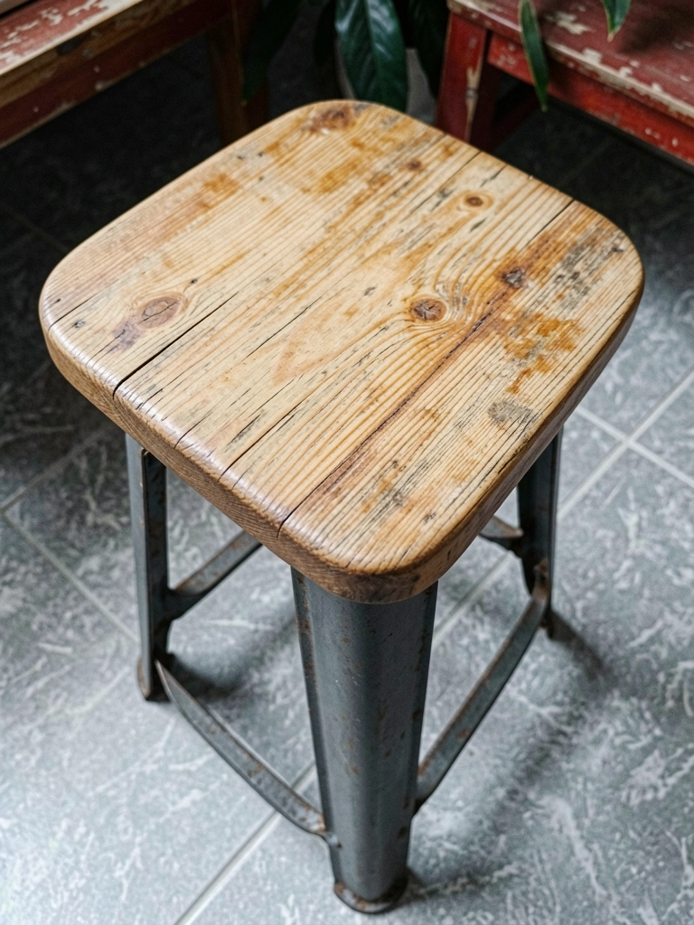 Cinco banquetas de diferentes designs em ambientes variados, com estruturas de ferro e assentos de madeira.