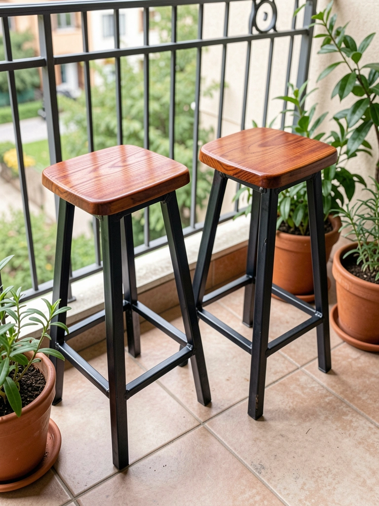 Varanda gourmet com duas banquetas de ferro e madeira ao lado de vasos de plantas.
