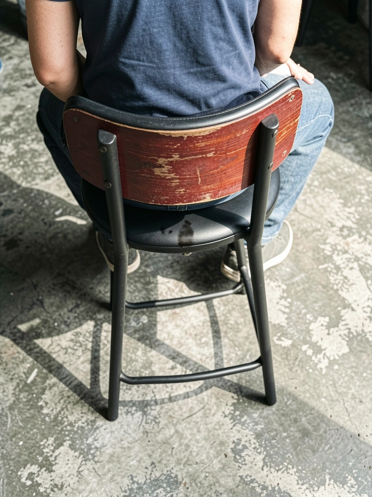 Pessoa sentada em banqueta alta de balcão, pés apoiados no apoio, ambiente descontraído.