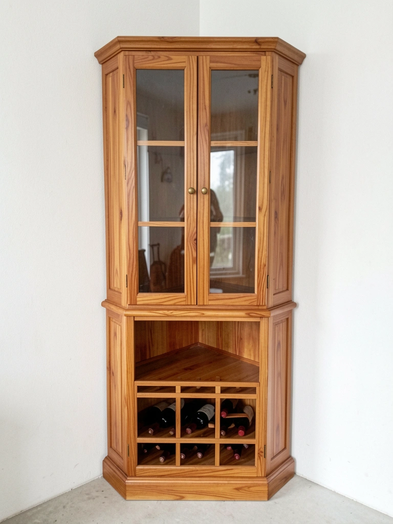 Móvel de madeira escura com porta-garrafas, copos e banquetas, encostado em parede verde-sálvia.