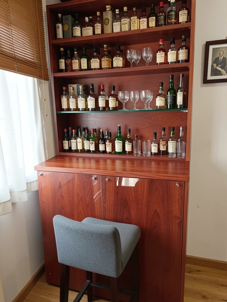 Móvel de madeira escura com tampo estreito, banquetas altas e prateleiras com copos, encostado em parede de sala