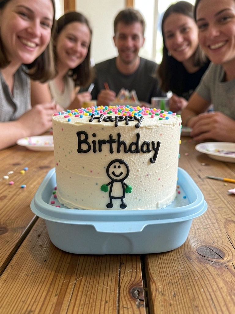 Mesa de festa com bolo pequeno decorado e alguns convidados ao redor