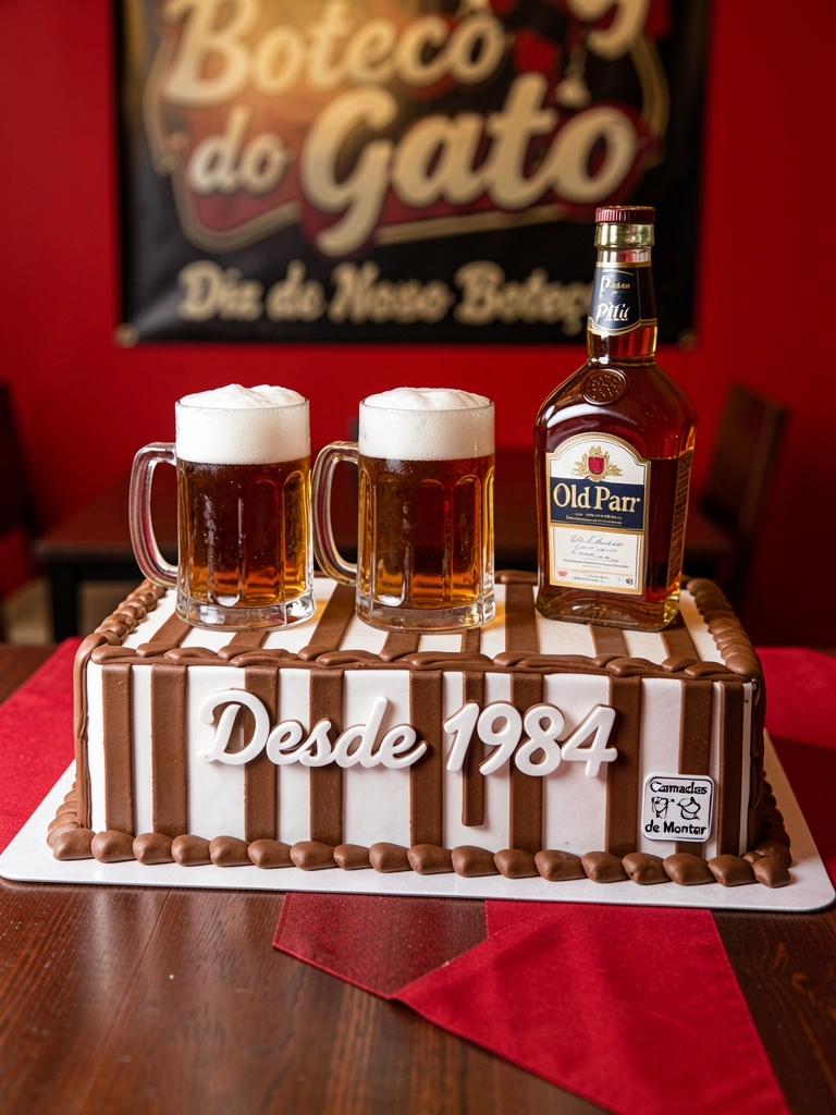 Bolo listrado marrom e branco sobre toalha vermelha, com três canecas de cerveja, garrafas de uísque e cachaça, letreiro 