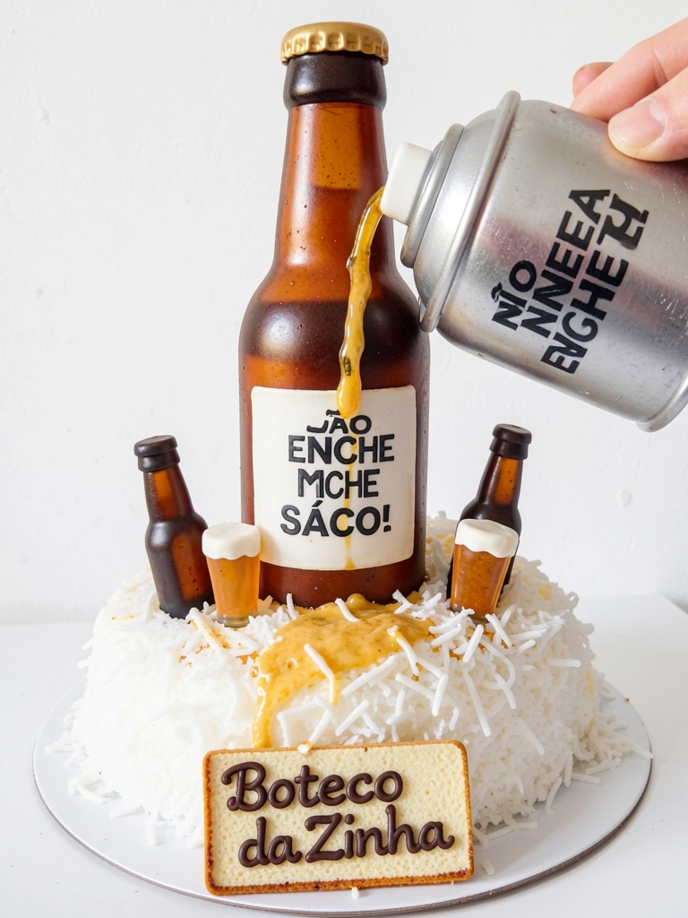Bolo em formato de garrafa de cerveja sobre gelo picado, com lata spray e miniaturas de garrafas e copos, luz natural destacando texturas.