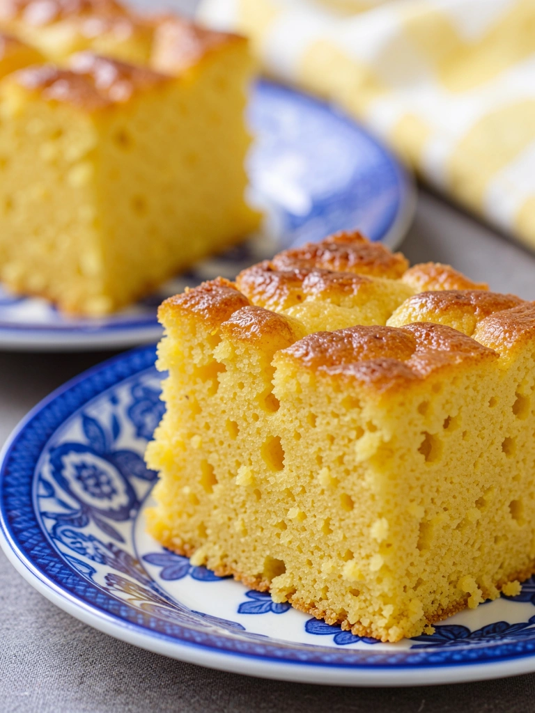 Dois pedaços de bolo de milho dourados em pratos azuis e brancos, com toalha xadrez desfocada ao fundo, luz natural realçando a textura porosa e o topo caramelizado.
